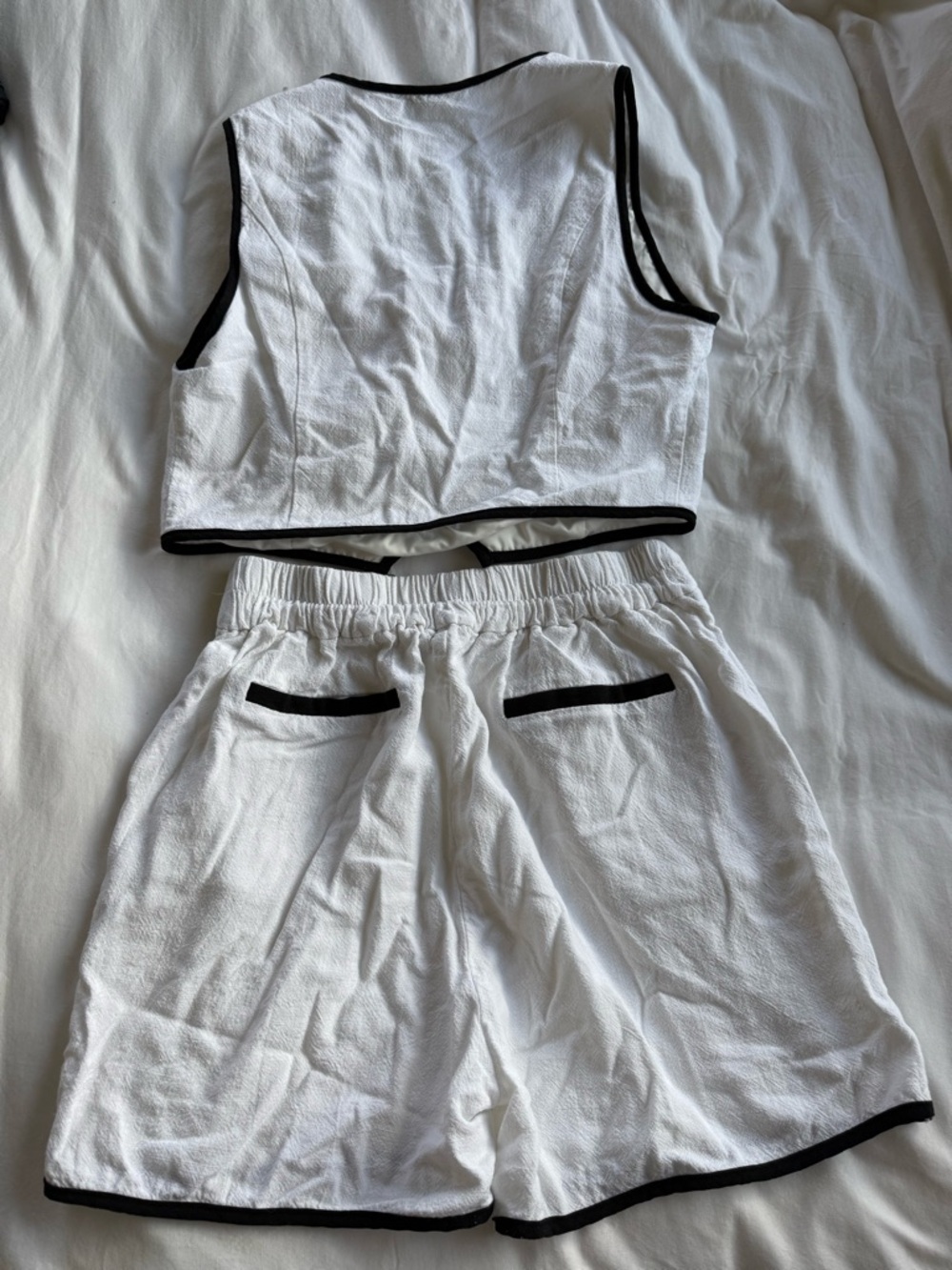 White Sleeveless Crop Top & Shorts Set with Black Trim - Picture 2 of 2